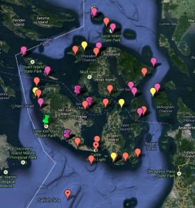 Map showing all the receivers retrieved (in magenta) at the end of our San Juan Island salmon tracking study.  Only one receiver remains -- at Lime Kiln.